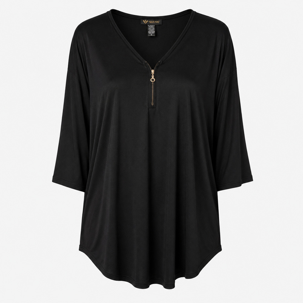 Black Liquid Knit Tunic Top 1X Stretch V Neck Flowy Drape Blouse Mobwife Chic